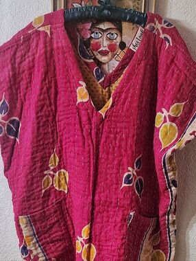 Handmade Fuchsia Red Floral Kantha Poncho - Boho Women's Top